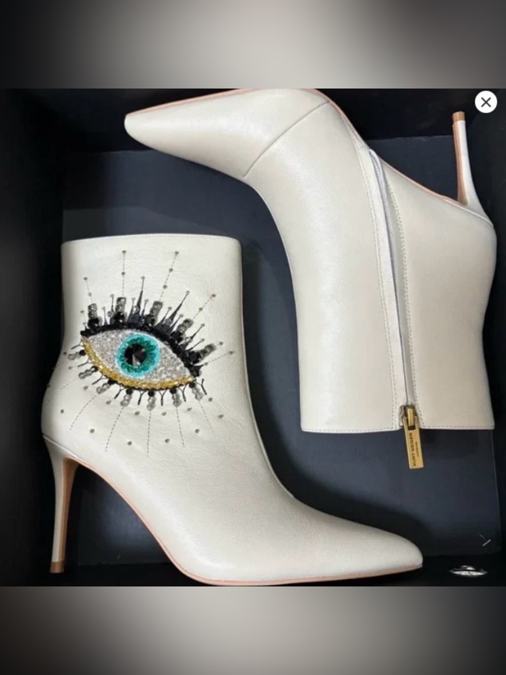 Kurt Geiger London Belgravia Embellished evil Eye white pointy toe boots